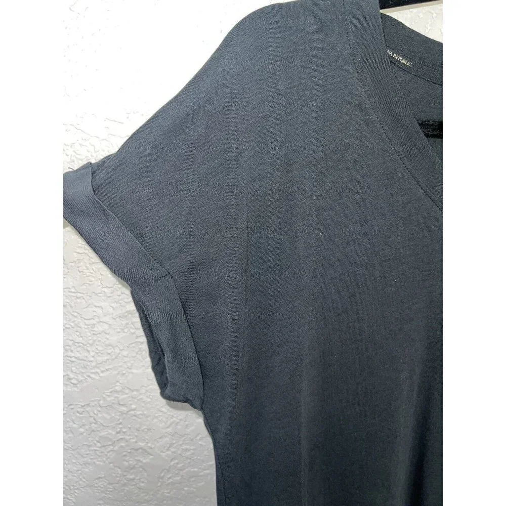 Banana Republic T Shirt Womens Small Short Rolled Sleeve V Neck Stretch Black H - Picture 2 of 9